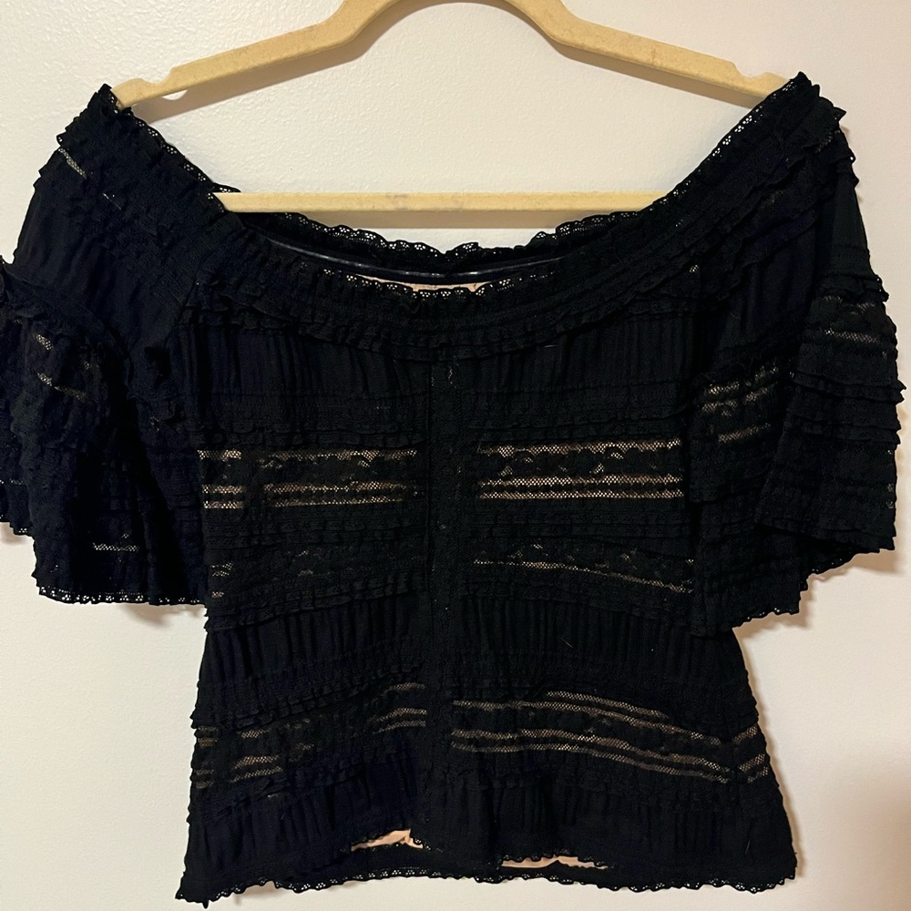 sweet off the shoulder black lace top with illusion lining, size medium